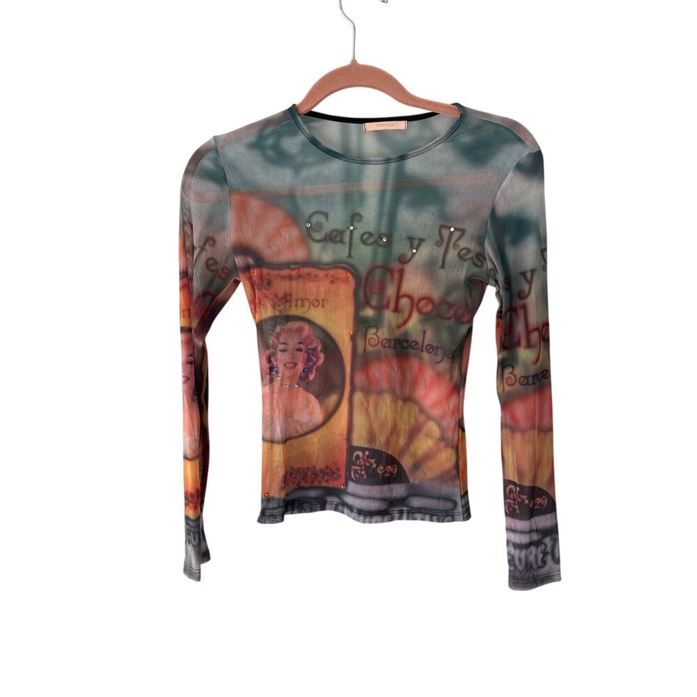Forever 21 Y2K Sheer Printed and Beaded Long Sleeve Top Extra Small